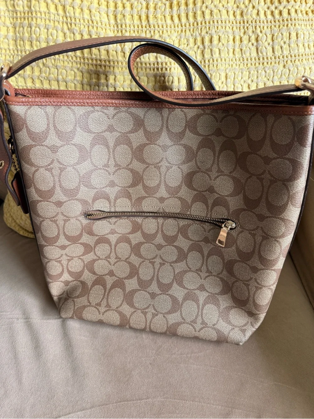 Coach Brown Signature Canvas Shoulder Bag with Tan Trim